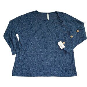 NY Collections Womens Ribbed Long Sleeve Blouse-Blue-Size L-NWT